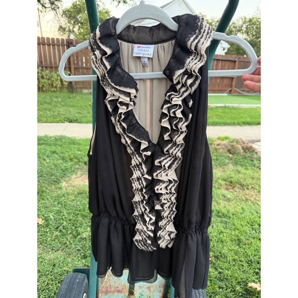 Robert Rodriguez Neiman Marcus Target Black Tan Ruffle Lace Chiffon Blouse L
